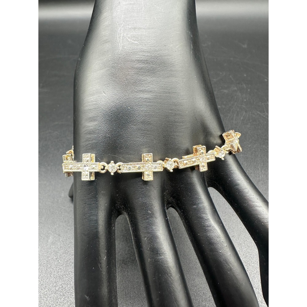 Avon Cross Tennis Bracelet Silver Tone Rhinestone Religious Faith Jewelry 8.5in
